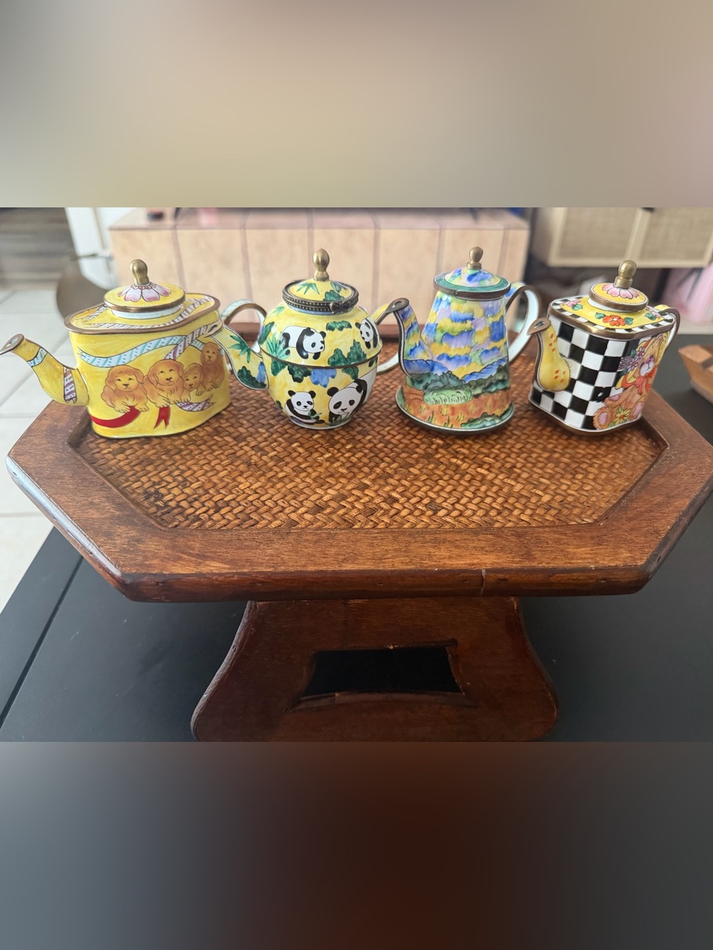 Kelvin Chen Miniature Enamel Teapot Lot of 4 Panda Vincent Dogs Teddy Bear 1999